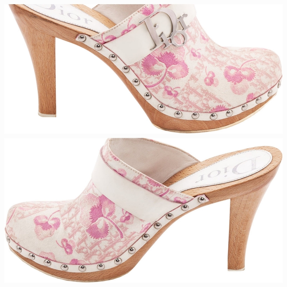 Dior Pink Floral Canvas Studded Wood-Heel Clogs